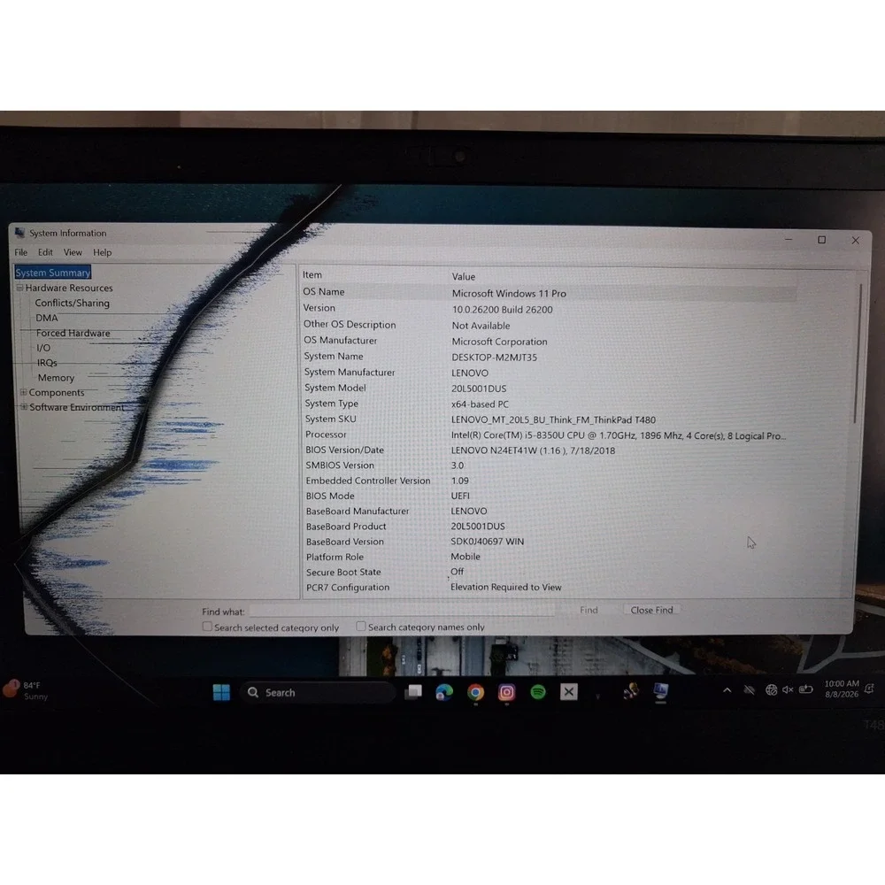 CRACKED SCREEN🚨Lenovo ThinkPad T480s /i5-8350U / 8GB RAM / 240GB SSD *BROKEN*